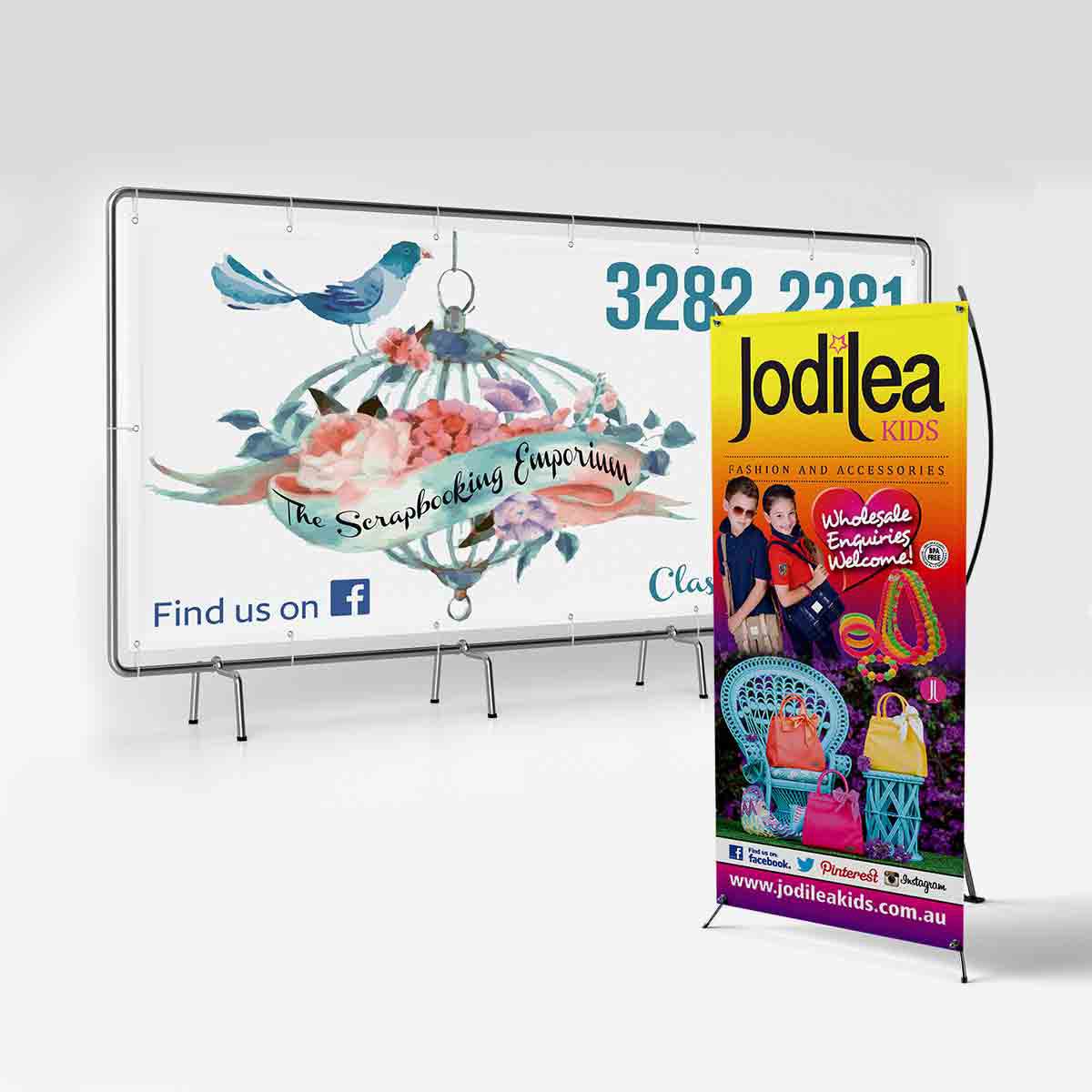 Advertising banners designed by Linda Butler of GGA Graphics