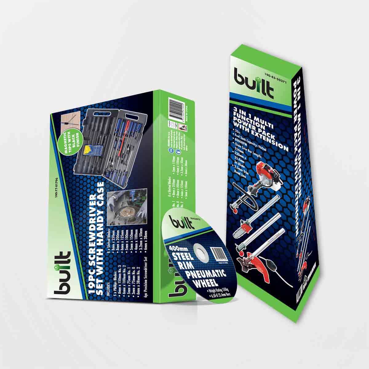 Packaging designs for Built brand designed by Linda Butler of GGA Graphics