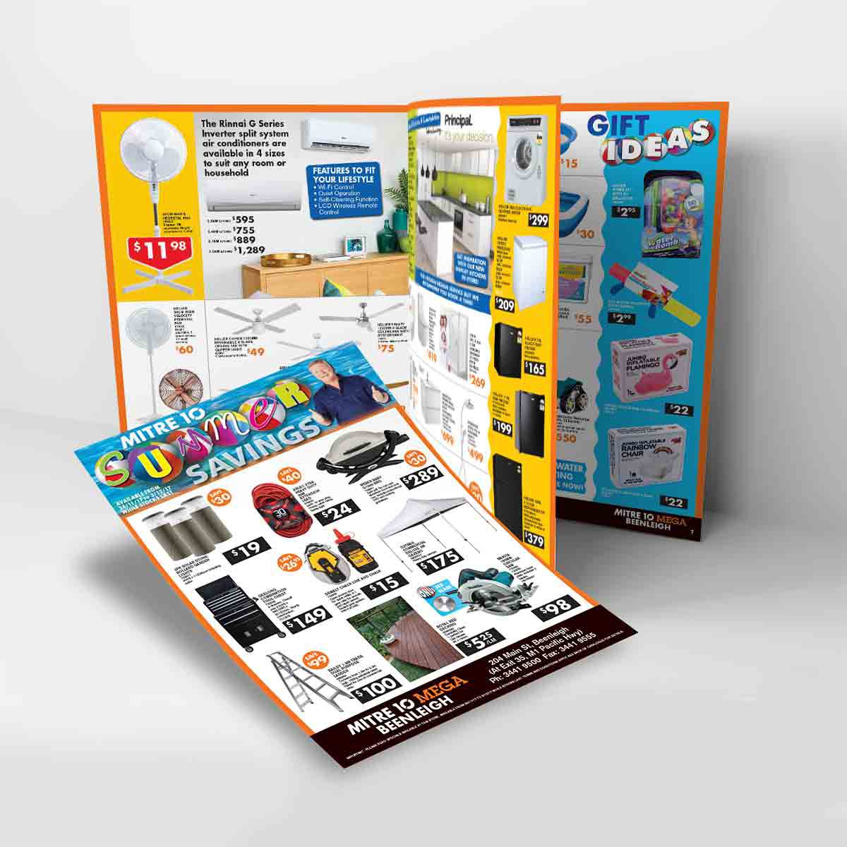 Brochure design for Mega Mitre 10 designed by Linda Butler of GGA Graphics